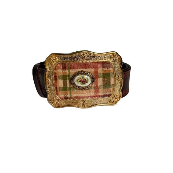 Vintage Tooled Leather Plaid Buckle Belt - Picture 3 of 7